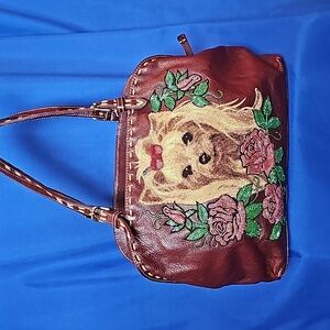 Vintage, New Isabella Fiore Beaded and stitched Yorkie Leather Maroon Handbag